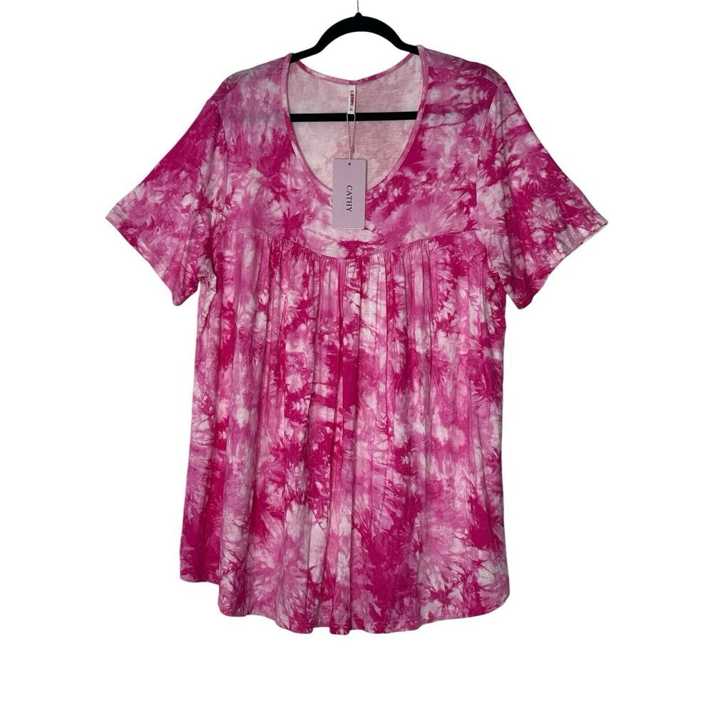 Cathy Woman Blouse 4X Top White Pink Stretch Grandmacore Short Sleeve Plus New